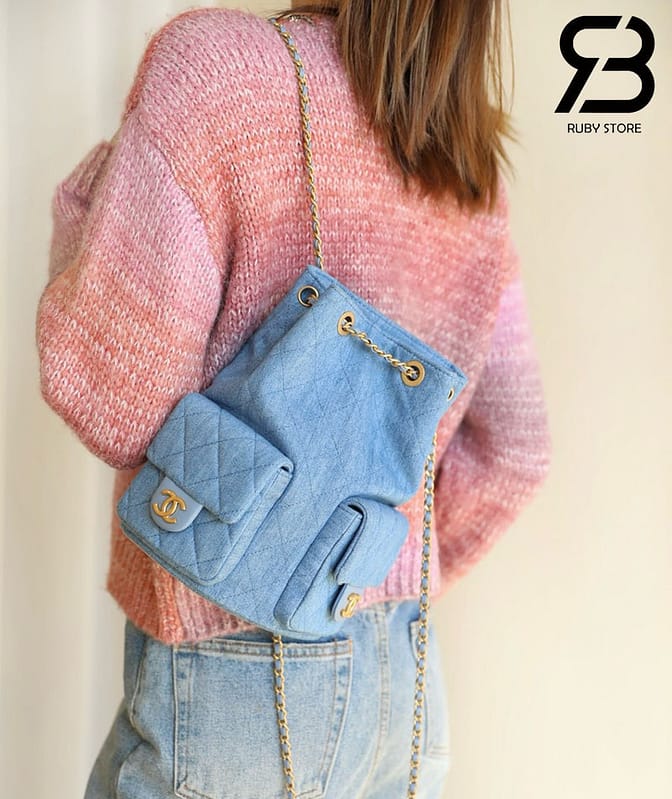 Ba lô Chanel 25C Pocket Size 24CM Blue Denim Lambskin Xanh Dương Best Quality