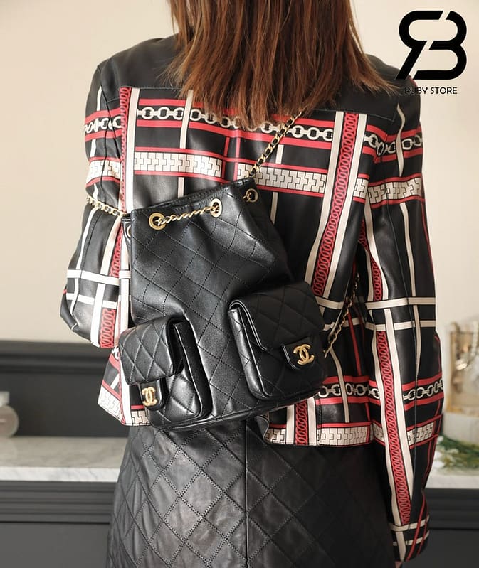 Ba lô Chanel 25C Pocket Size 24CM Black Lambskin Màu Đen Best Quality