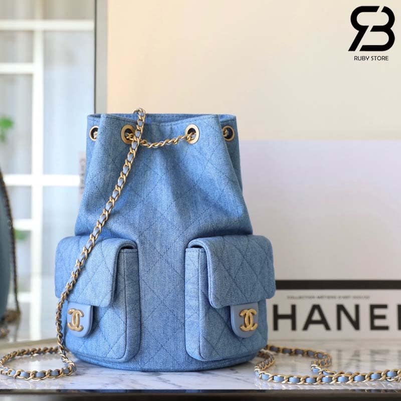 Ba lô Chanel 25C Pocket Size 24CM Blue Denim Lambskin Xanh Dương Best Quality