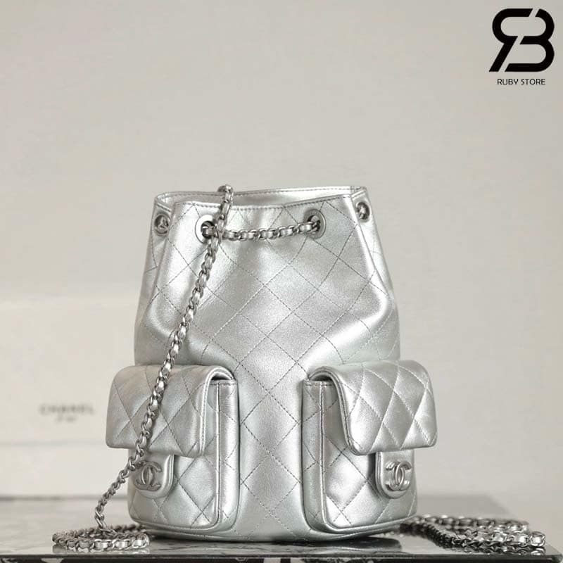 Ba lô Chanel 25C Pocket Size 24CM Silver Lambskin Màu Bạc Best Quality